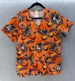 Disney Women's L Mickey Mouse Halloween Orange V Neck Scrub Top Nurse Workwear